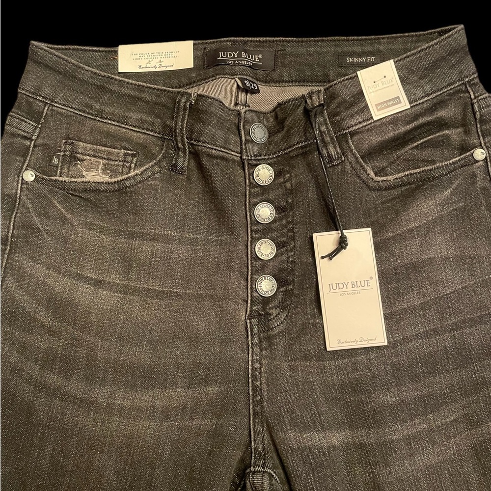 Judy Blue skinny jeans button fly chewed raw hem charcoal gray ripped womens 29